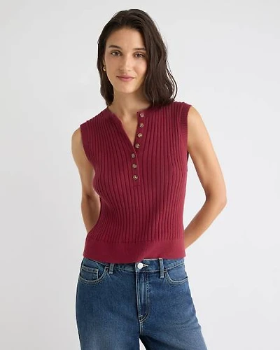 Cotton-Merino-Blend Short Sweater Vest with Henley Neckline