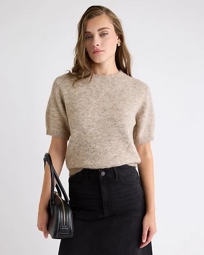Short-Sleeve Crew-Neck Fuzzy Pullover