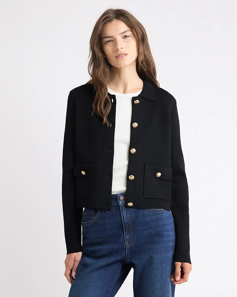 Cropped Cardigan with Shirt Collar