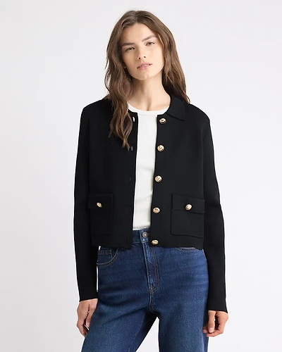 Cropped Cardigan with Shirt Collar
