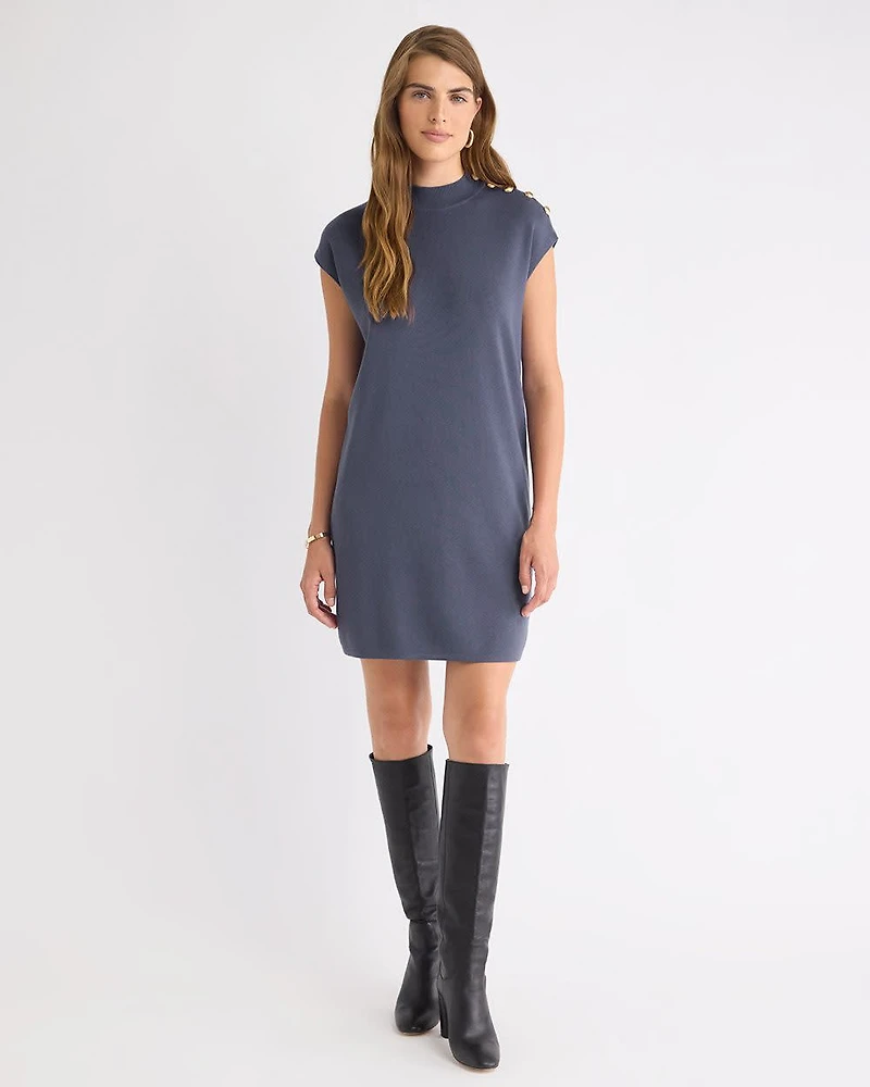 Mini-Robe à Manches Courtes et Col Montant avec Boutons sur l'Épaule