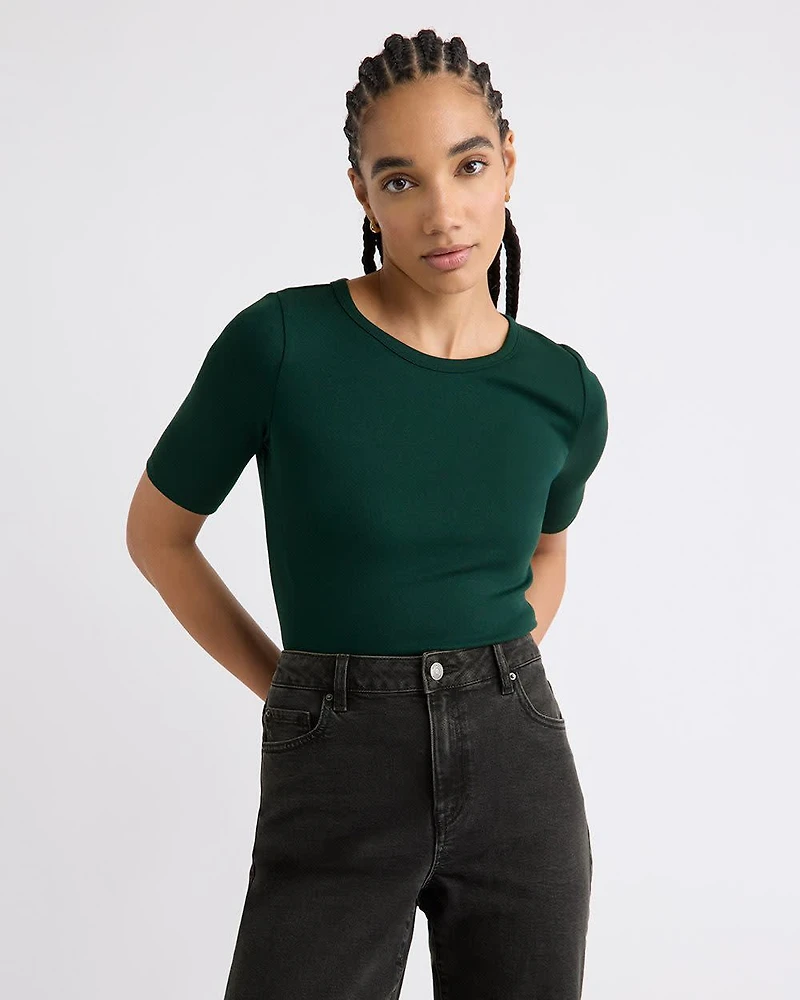 T-Shirt Ajusté à Manches aux Coudes et Col Rond