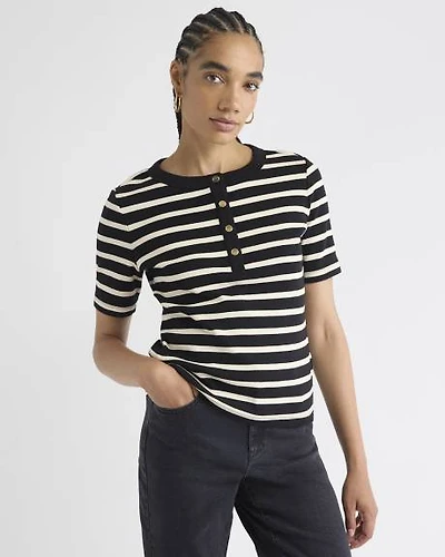 Striped Short-Sleeve Henley Ribbed Top