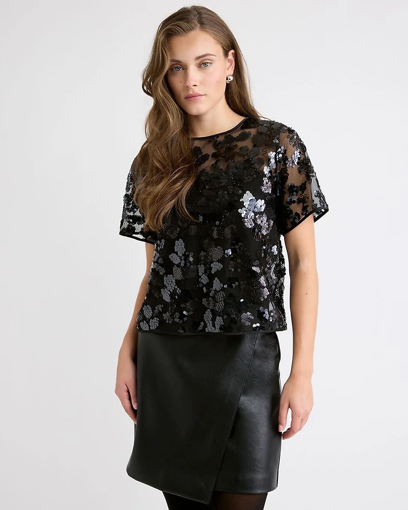 Short-Sleeve Crew-Neck Sequins Popover Blouse