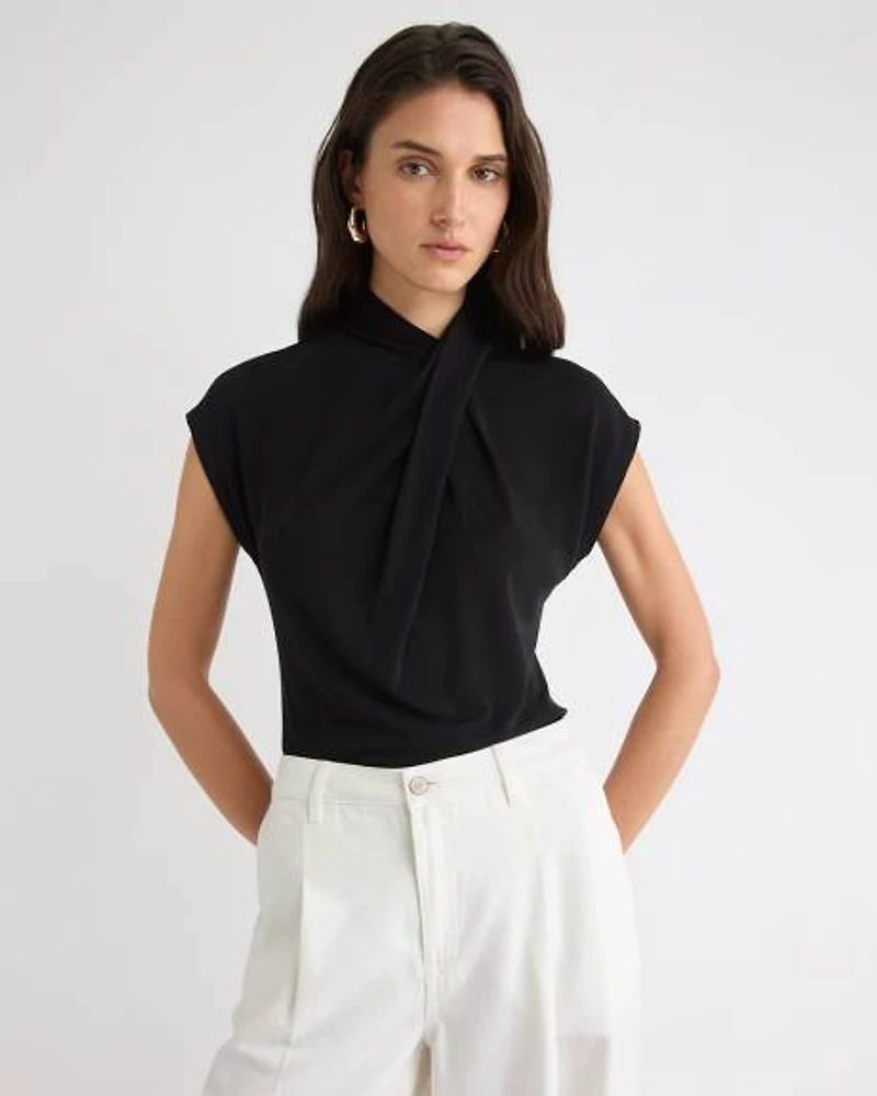 Extended-Sleeve Top with Crossover Draped Mock Neckline