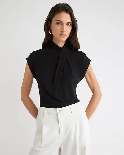 Extended-Sleeve Top with Crossover Draped Mock Neckline