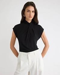 Extended-Sleeve Top with Crossover Draped Mock Neckline