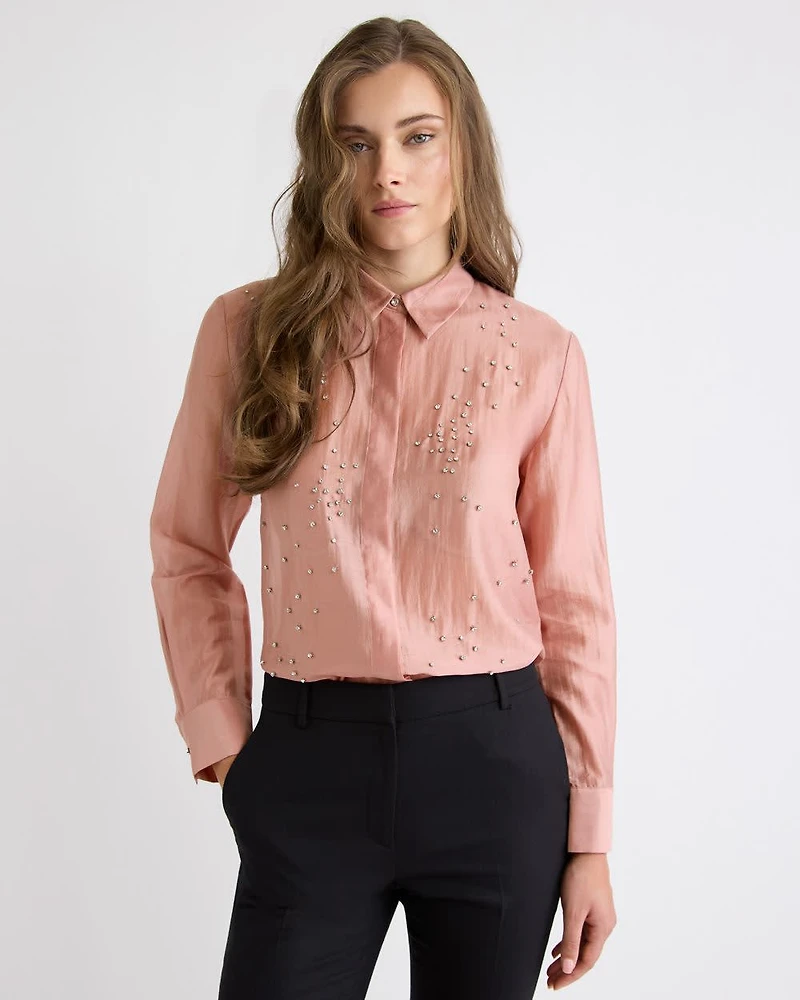 Long-Sleeve Buttoned-Down Blouse with Rhinestones