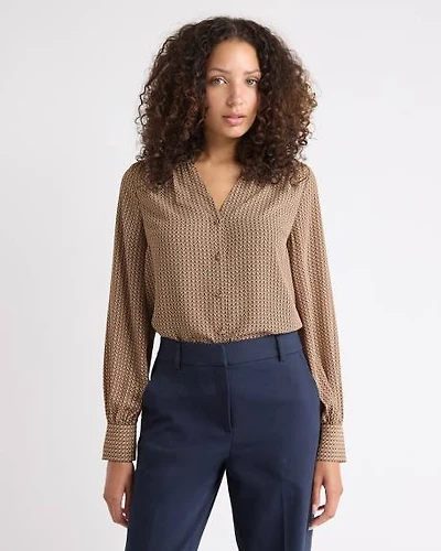 Silky Crepe Long-Sleeve Buttoned-Down Blouse