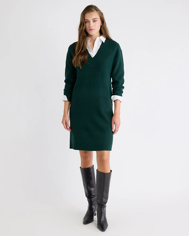 Long-Sleeve V-Neck Mini Sweater Dress