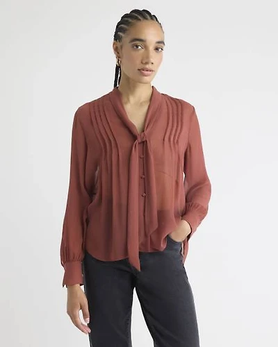 Long-Sleeve V-Neck Blouse with Ribbon at Neckline