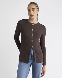 Flare-Sleeve Crew-Neck Ribbed Cardigan