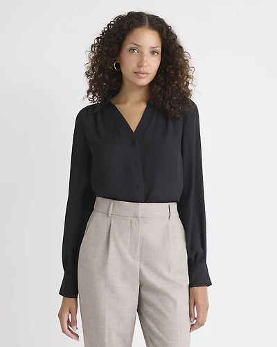 Silky Crepe Long-Sleeve Buttoned-Down Blouse