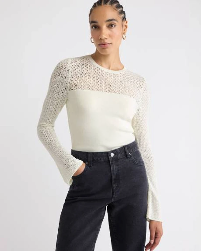 Pull à Manches Longues et Col Rond avec Empiècement en Mailles de Fantaisie