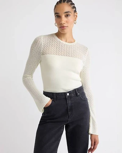 Pull à Manches Longues et Col Rond avec Empiècement en Mailles de Fantaisie