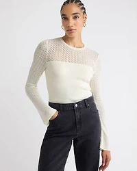 Pull à Manches Longues et Col Rond avec Empiècement en Mailles de Fantaisie