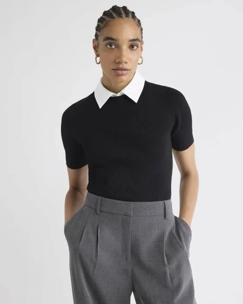 Elbow-Sleeve Ribbed Sweater with Removable Shirt Collar