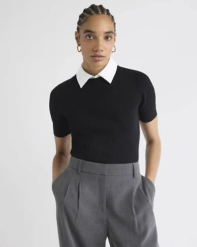 Elbow-Sleeve Ribbed Sweater with Removable Shirt Collar