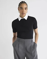 Elbow-Sleeve Ribbed Sweater with Removable Shirt Collar