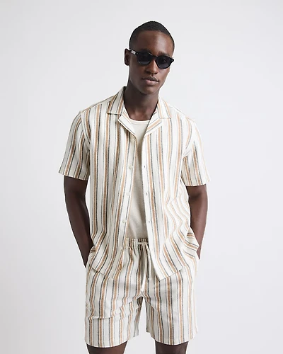 Chemise Rayée en Mélange de Lin à Manches Courtes et Col Camp