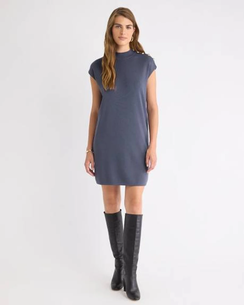 Extended-Sleeve Mock-Neck Mini-Dress with Buttons on Shoulder