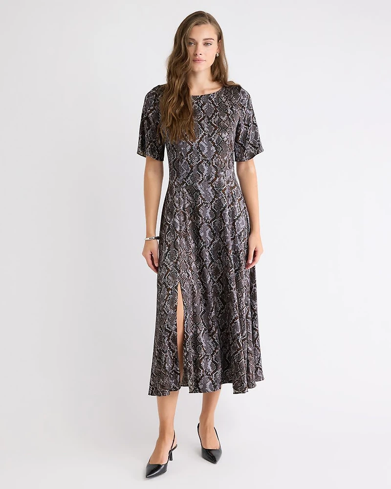 Short-Sleeve Satin Fit-and-Flare Midi Dress