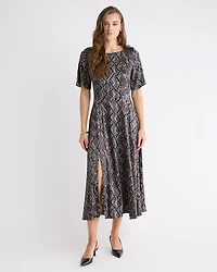 Short-Sleeve Satin Fit-and-Flare Midi Dress