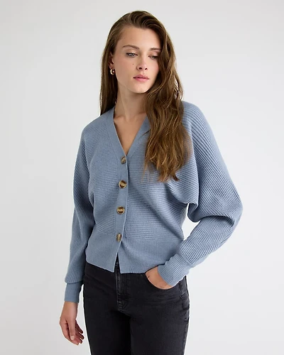 Long-Dolman-Sleeve V-Neck Ribbed Cardigan
