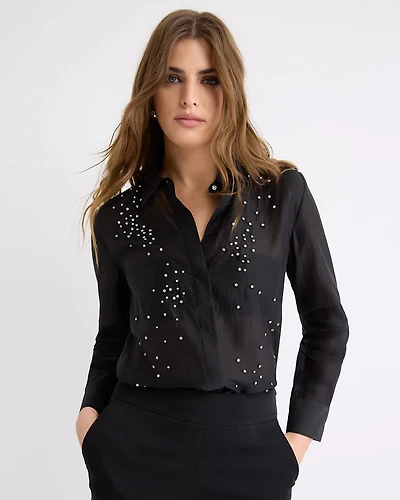 Long-Sleeve Buttoned-Down Blouse with Rhinestones