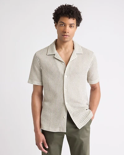 Chemise Rayée en Crochet à Manches Courtes et Col Camp