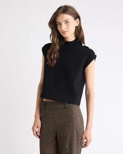 Sleeveless Mock-Neck Sweater with Buttons on Shoulder