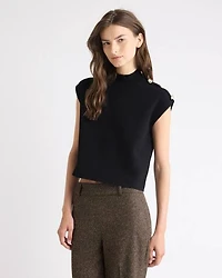 Sleeveless Mock-Neck Sweater with Buttons on Shoulder