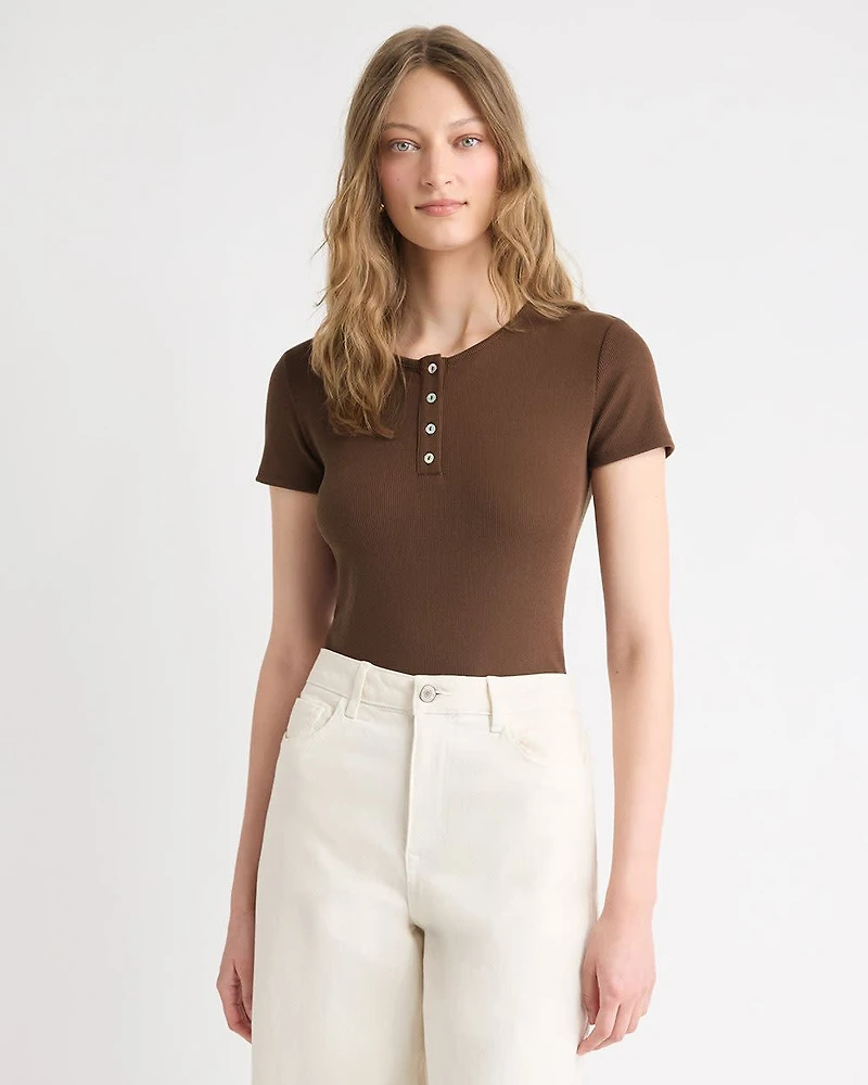 Short-Sleeve Ribbed Henley Top