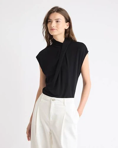 Extended-Sleeve Top with Crossover Draped Mock Neckline