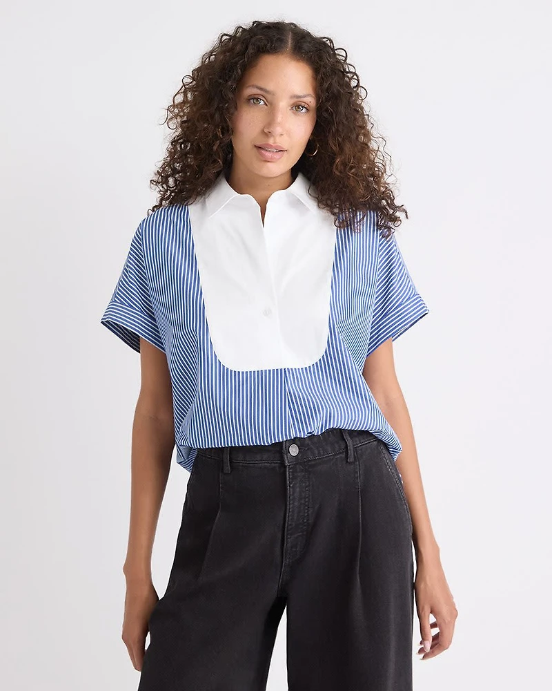 Striped Extended-Sleeve Poplin Bib Blouse with Shirt Collar