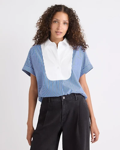 Striped Extended-Sleeve Poplin Bib Blouse with Shirt Collar