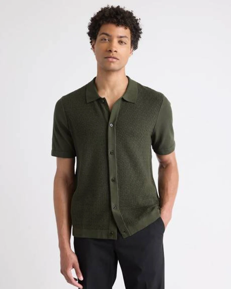 Short-Sleeve Buttoned-Down Textured Sweater with Shirt Collar
