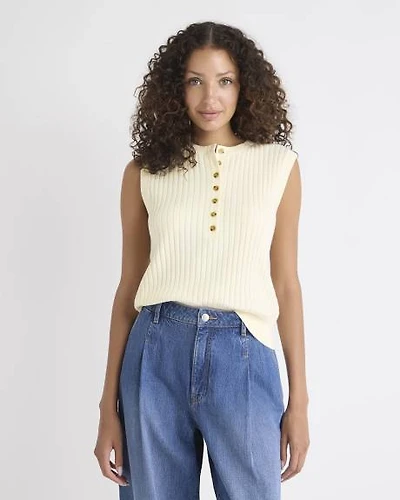 Cotton-Merino-Blend Short Sweater Vest with Henley Neckline