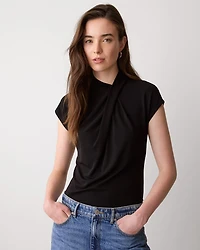 Extended-Sleeve Top with Crossover Draped Mock Neckline