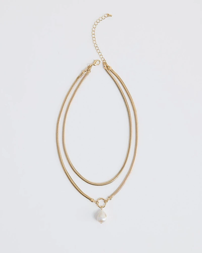 Double Snake Chain Short Necklace with Pearl Pendant