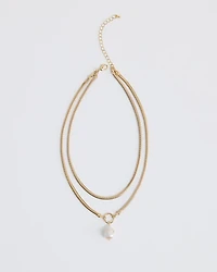 Double Snake Chain Short Necklace with Pearl Pendant