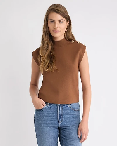 Sleeveless Mock-Neck Sweater with Buttons on Shoulder