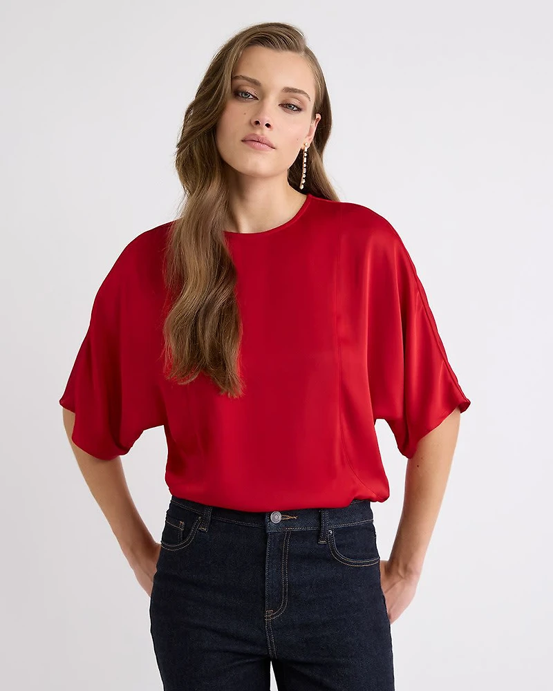 Long-Sleeve Crew-Neck Satin Blouse