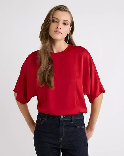 Long-Sleeve Crew-Neck Satin Blouse