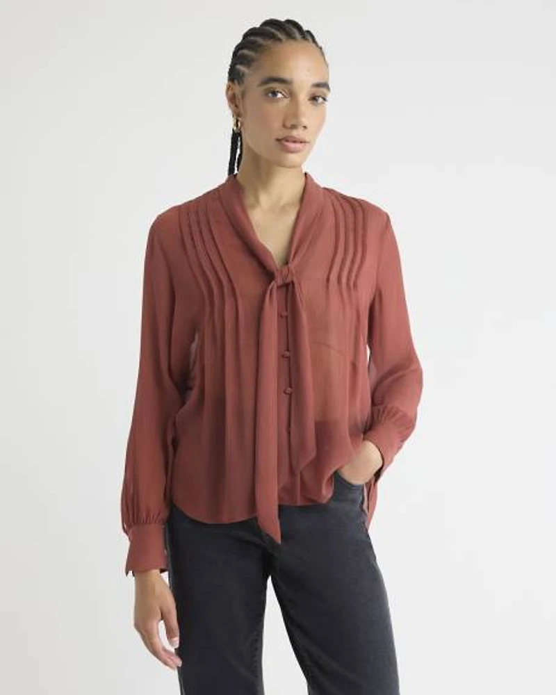 Blouse à Manches Longues Col V avec Ruban l'Encolure