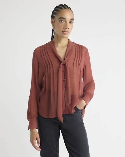 Blouse à Manches Longues Col V avec Ruban l'Encolure