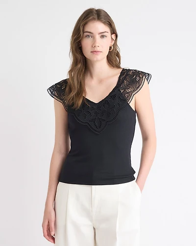 V-Neck Ribbed Top with Short Flutter Sleeves