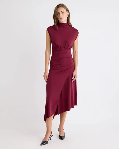 Extended-Sleeve Mock-Neck Draped Midi Dress