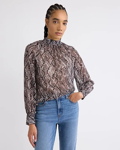 Long-Sleeve Chiffon Popover Blouse