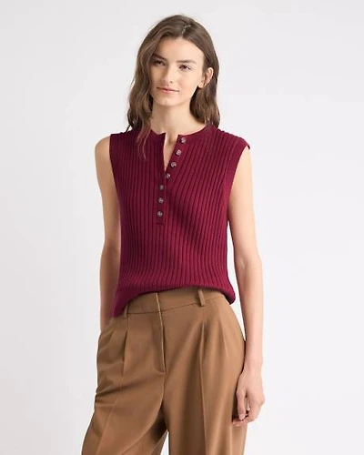 Cotton-Merino-Blend Short Sweater Vest with Henley Neckline